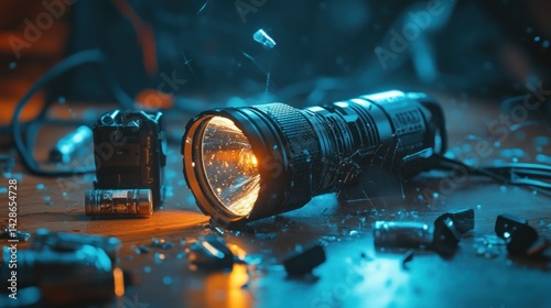 Broken Flashlight in a Dark Mysterious Setting