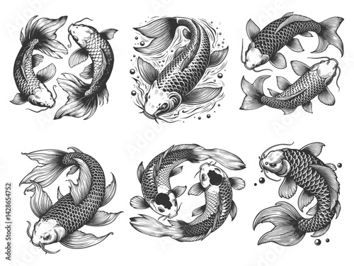 koi fish Set collection symbolizing harmony, balance, and Japanese tradition bundle sketch engraving generative ai vector illustration. Scratch board imitation. Black and white image.