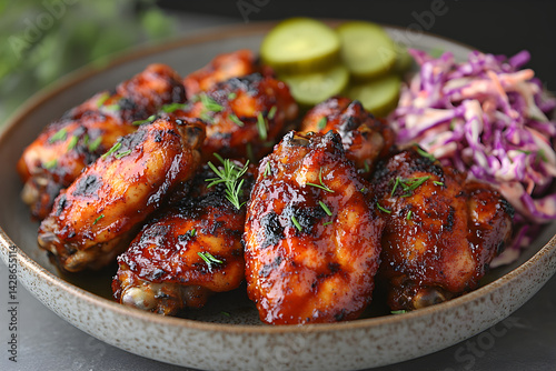 Obraz na płótnie Hot BBQ wings served with a side of coleslaw and pickles w salonie