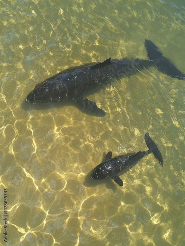 Two dolphins swimming gracefully in clear, shallow water with sunlit reflections