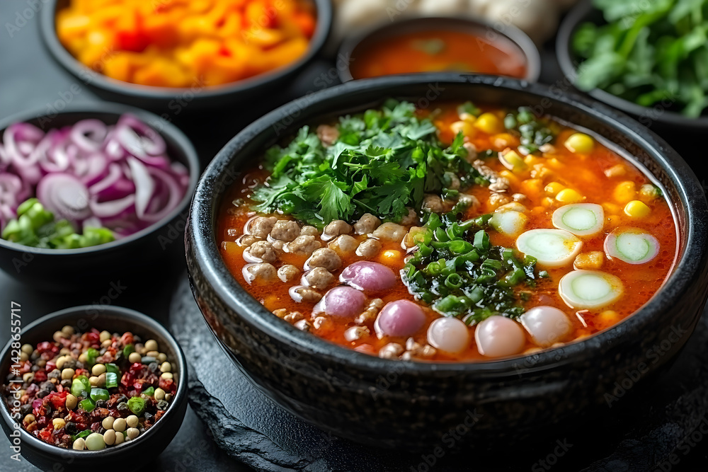 Hot Pot styled on rustic black stone table with side ingredients