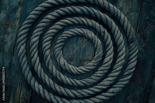 Obraz na płótnie Circular Rope Arrangement on Weathered Wooden Surface w salonie