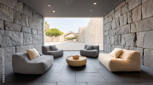 A contemporary meditation space with black slate floor and threshing barn style window pouring in soft sunlight on seating pads