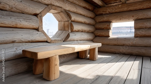 A cozy prayer cabin with log walls and small octagonal window bathing the bench in warm golden sunlight