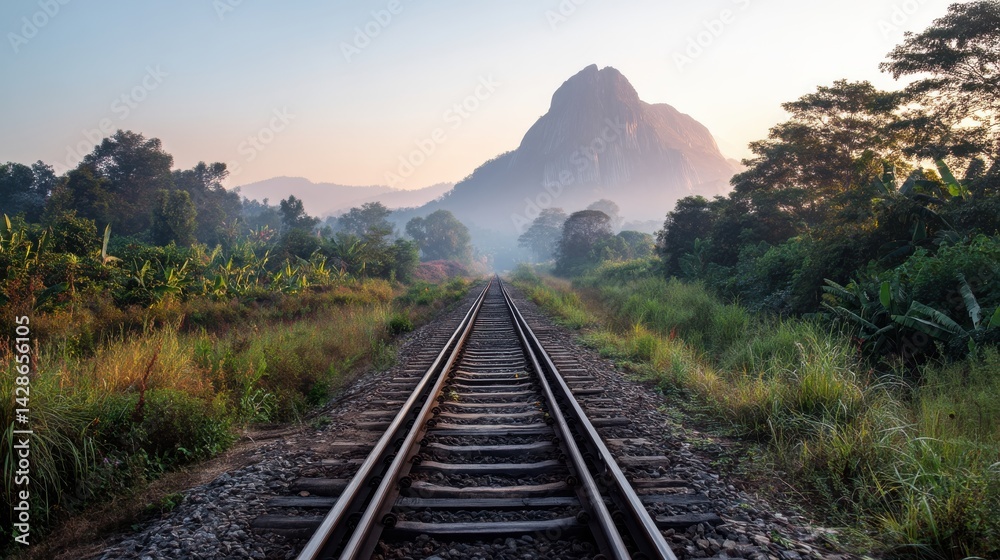 Fototapeta premium A stunning image of this image shows a railway track stretching towards a mountain enveloped in morning haze during golden hour, surrounded by lush green vegetation and reflecting the peaceful dawn.
