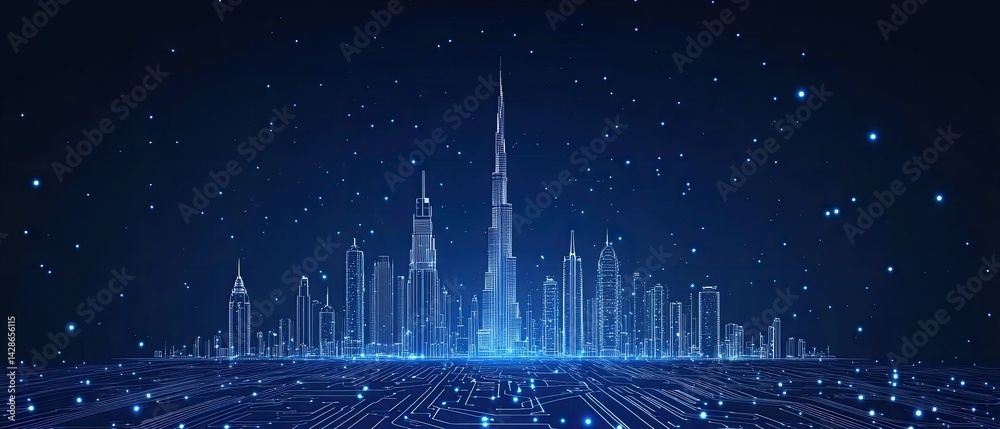Fototapeta premium Futuristic city skyline with digital data network.