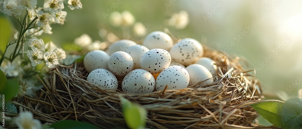 A nest of speckled eggs sits in a bed of straw, surrounded by blooming white flowers and lush green foliage. A nest of speckled eggs sits in a bed of straw, surrounded by blooming white flowers and lush green foliage.