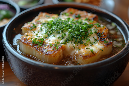 Hot bowl of French onion soup with caramelized onions and melted cheese