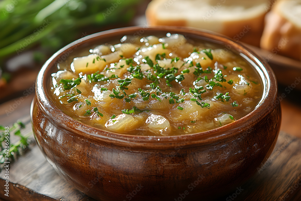 Hot bowl of French onion soup with caramelized onions and melted cheese