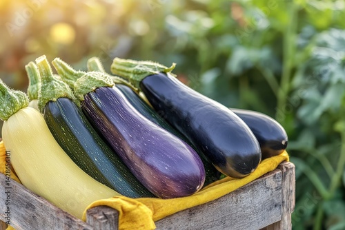 Freshly harvested various types of summer squash in a wooden crate. photo