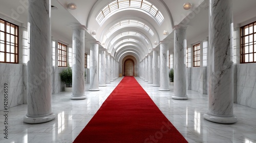 A grand prayer hall with marble columns and tall clerestory windows streaming soft light onto red carpet path