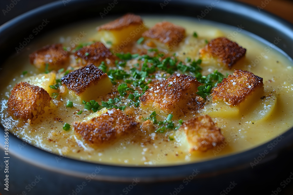 Hot bowl of creamy potato leek soup garnished with crispy croutons