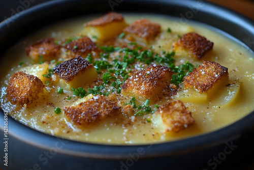 Obraz na płótnie Hot bowl of creamy potato leek soup garnished with crispy croutons w salonie