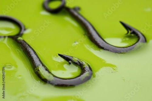 Obraz na płótnie Close-Up of Black Fishing Hooks on Bright Green Surface w salonie