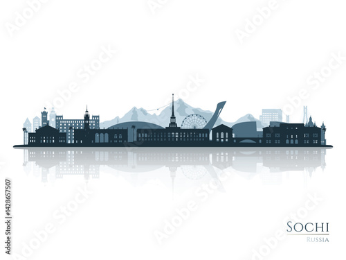 Sochi skyline silhouette with reflection. Landscape Sochi, Russia. Vector illustration.