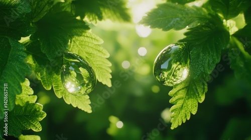 Obraz na płótnie Close-Up of Fresh Green Leaves with Dew Drops in Natural Light w salonie