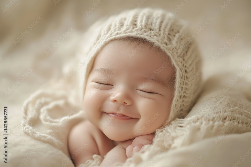 A smiling baby sleeps peacefully in a soft, knitted hat and blanket. A smiling baby sleeps peacefully in a soft, knitted hat and blanket.
