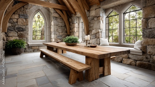 A rustic chapel prayer room with reclaimed wood pew and stained glass window casting colored beams on stone floor