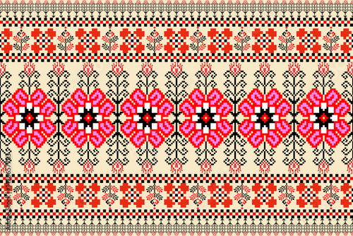 Floral ethnic design with folk, tribal, and cultural patterns. Inspired by heritage textiles and pixel art. Perfect for home decor, fabric, fashion, accessories, and artistic creations.