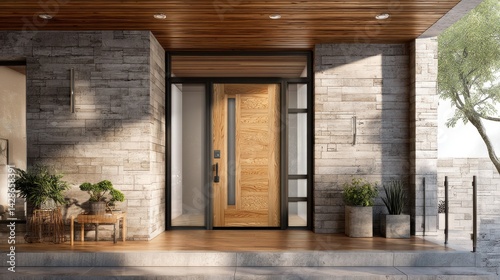 A stunning image of modern House Fiberglass Front Entry Door, Single Door With One Sidelite. photo