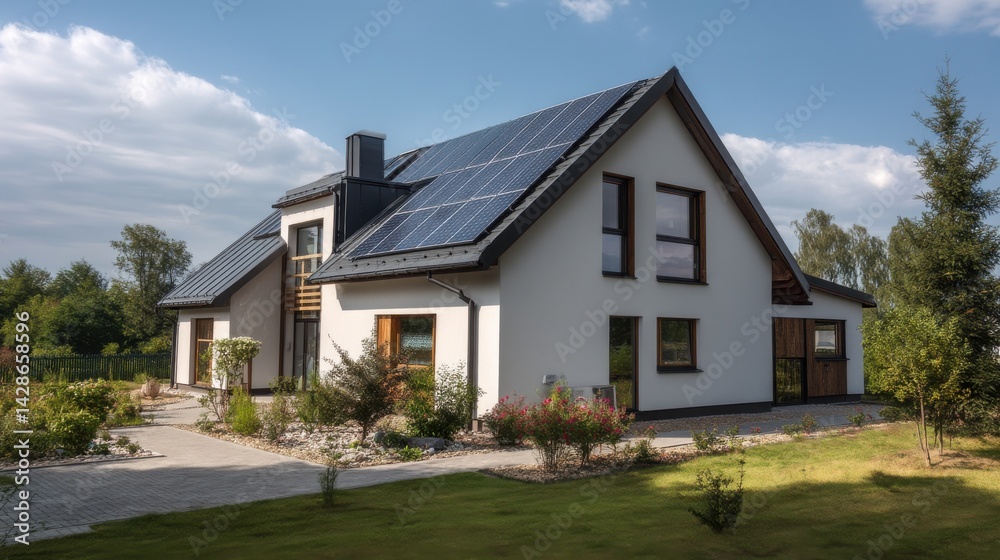 A stunning image of new suburban house with a photovoltaic system on the roof. Modern eco friendly passive house with landscaped yard. Solar panels on the gable roof. A stunning image of new suburban house with a photovoltaic system on the roof. Modern eco friendly passive house with landscaped yard. Solar panels on the gable roof.