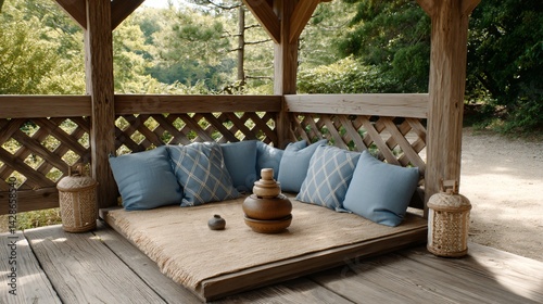 A serene prayer cabin with thatched roof and lattice window filtering dappled sunlight onto floor pillows and timber altar