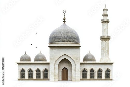 A majestic mosque with intricate domes and a tall minaret, set against a clear sky, symbolizing spirituality