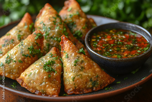 Obraz na płótnie Hot vegetable samosas with a side of tamarind dipping sauce w salonie