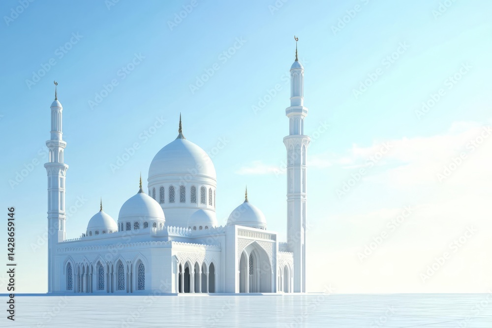Obraz premium Majestic white mosque under clear blue sky with serene surroundings and reflective water