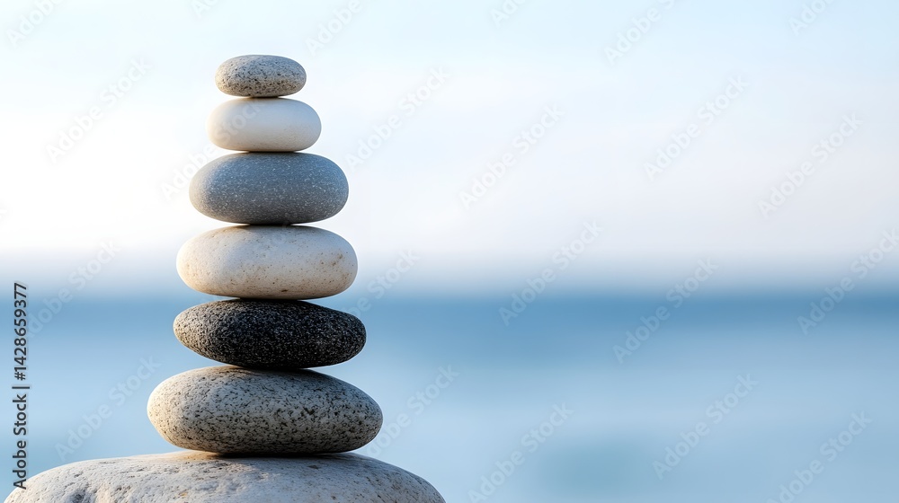 Balanced Stones Stacked on Beach with Ocean and Sky in Background Balanced Stones Stacked on Beach with Ocean and Sky in Background