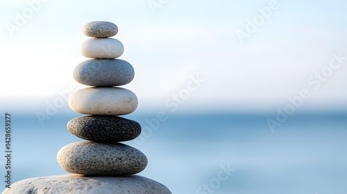 Balanced Stones Stacked on Beach with Ocean and Sky in Background