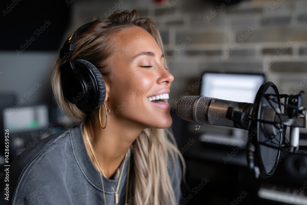 A joyful young woman passionately singing into a microphone while recording in a studio, showcasing her dedication to music and her vibrant personality amidst technical equipment. A joyful young woman passionately singing into a microphone while recording in a studio, showcasing her dedication to music and her vibrant personality amidst technical equipment.