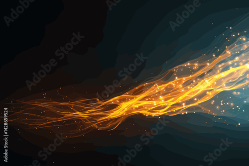 Abstract golden fire trail with glowing effects against dark background  