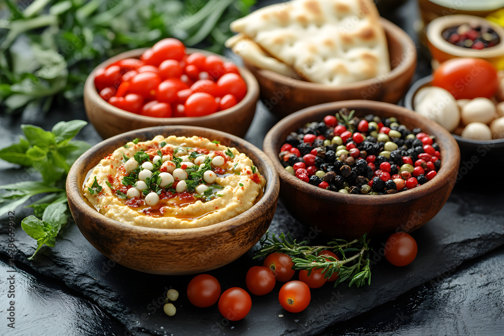 Hummus with Pita styled on rustic black stone table with side ingredients