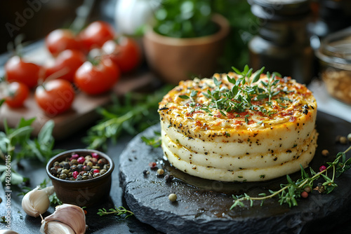 Hummus with Pita styled on rustic black stone table with side ingredients