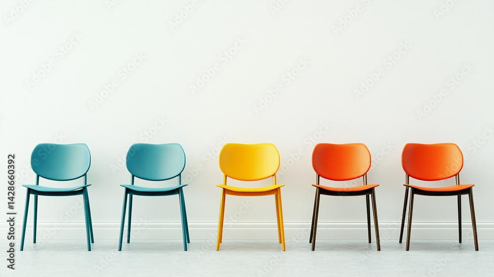 Obraz premium Colorful chairs in a row on a white background.