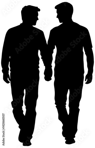 Silhouette of two men holding hands while walking, isolated 