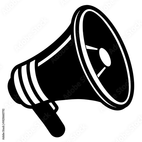 An isolated white megaphone, a communication loudspeaker icon, is shown for public announcement
