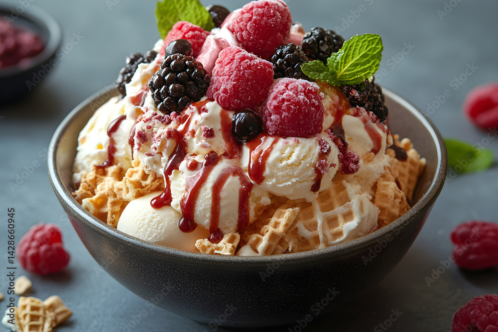 Ice Cream Sundae styled on dark grey background with clean plating and props