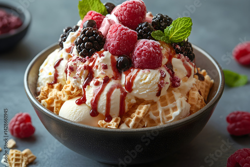 Obraz na płótnie Ice Cream Sundae styled on dark grey background with clean plating and props w salonie