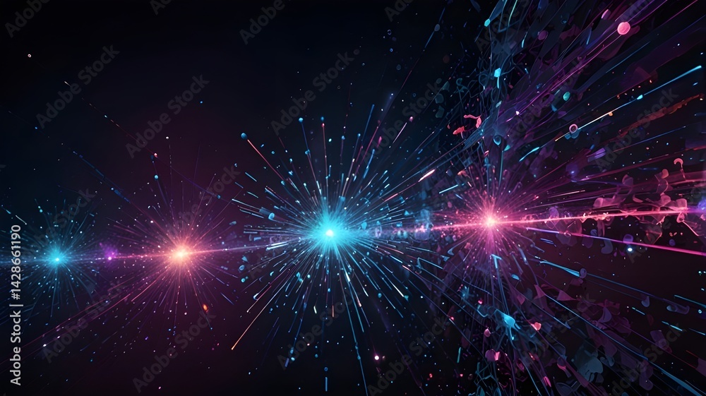 Naklejka premium Futuristic Holographic Data Explosion with Fractal Network and Binary Code on Cosmic Background