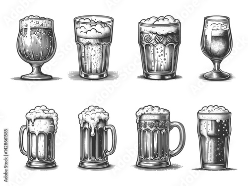 beer glasses and mugs with frothy tops, perfect for brewery, Oktoberfest, or pub themes set collection bundle sketch engraving generative ai vector illustration. Scratch board. Black and white image.