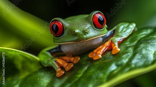 Close-up of a vibrant red-eyed tree frog on a leaf.
