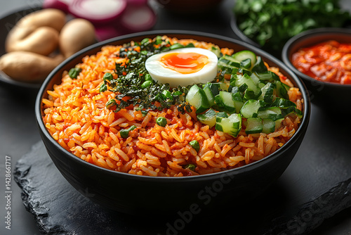 Obraz na płótnie Jollof Rice styled on rustic black stone table with side ingredients w salonie