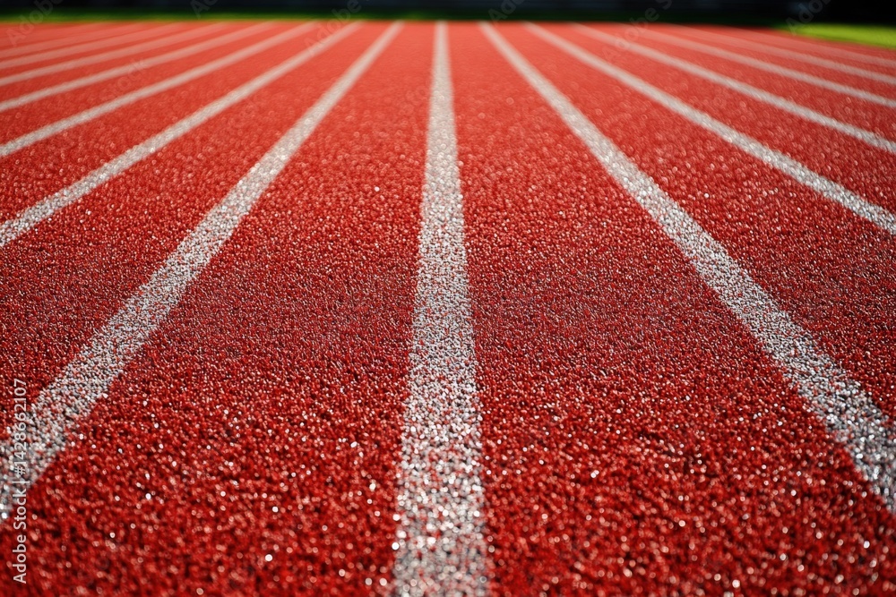 Close-Up View of Red Running Track Surface with White Lane Markings