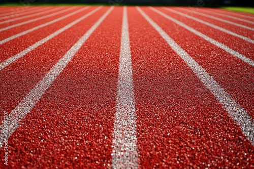 Obraz na płótnie Close-Up View of Red Running Track Surface with White Lane Markings w salonie