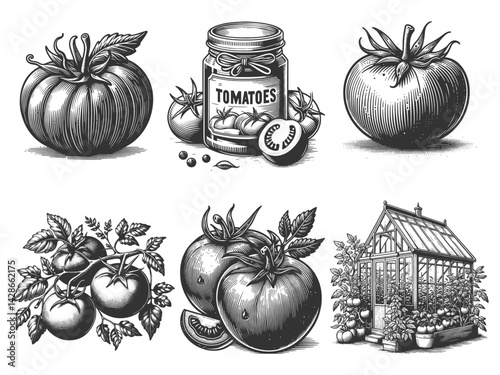 tomato, canned tomatoes, greenhouse garden illustration Set collection bundle sketch engraving generative ai vector illustration. Scratch board imitation. Black and white image.