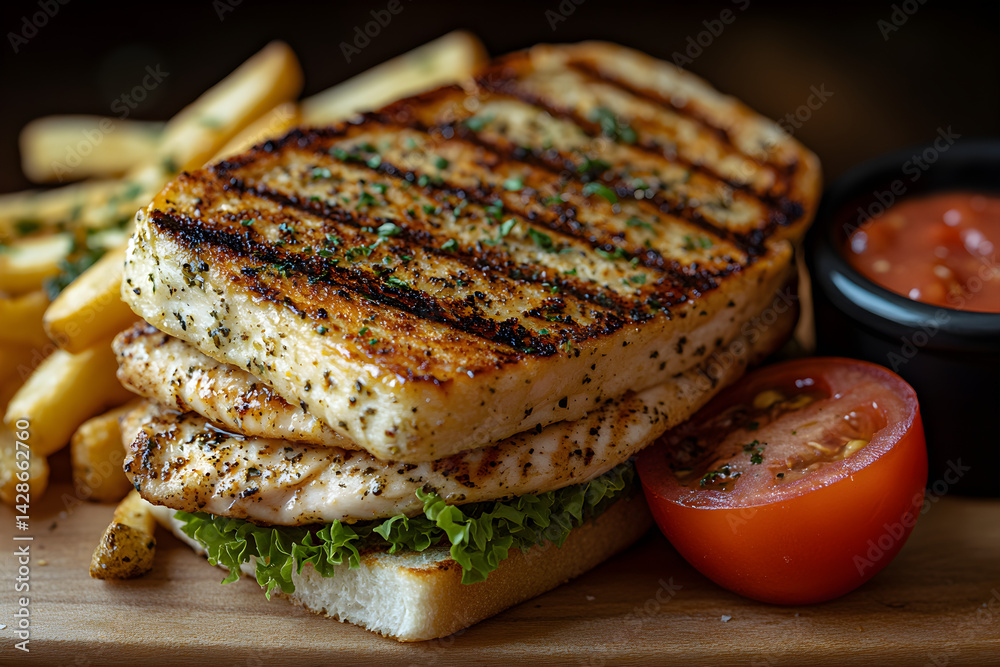 Juicy grilled chicken sandwich served with a side of fries
