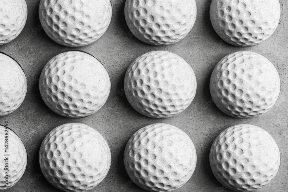 Collection of White Golf Balls Arranged on a Concrete Surface
