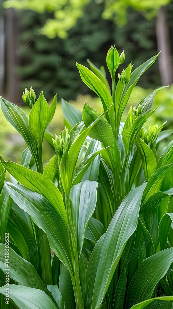 Fototapeta premium Lush Green Plants with Budding Flowers, Vibrant Spring Foliage Background